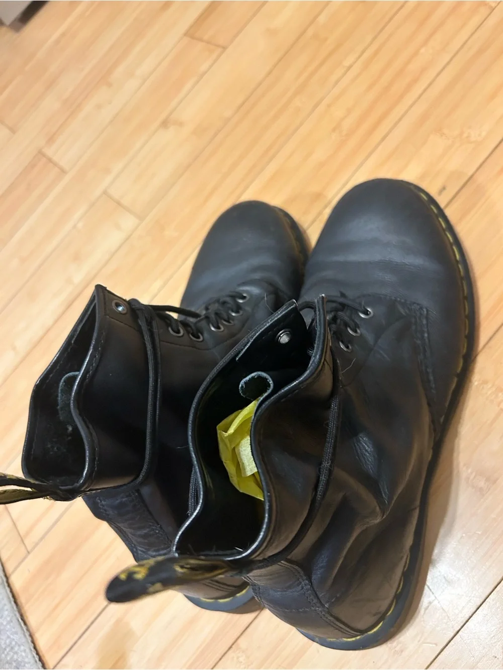 Dr. Martens Black Leather 8-Eye Lace-Up Boots with Yellow Stitching